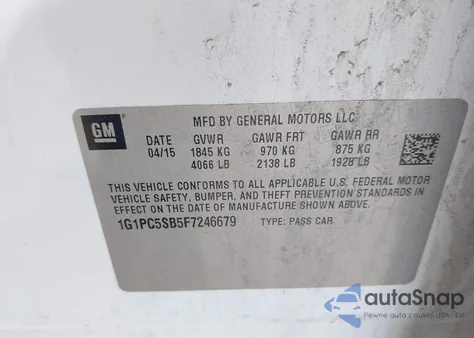 2015 Chevrolet Cruze 1Lt Auto из США, поврежденный, VIN 1G1PC5SB5F7246679